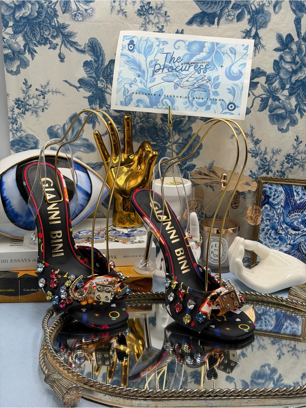 🆕 GIANNI BINI 🧿 NWOB Maverick Printed Casino Martini Heel Sandals, Black, Sz 9 - Picture 2 of 16